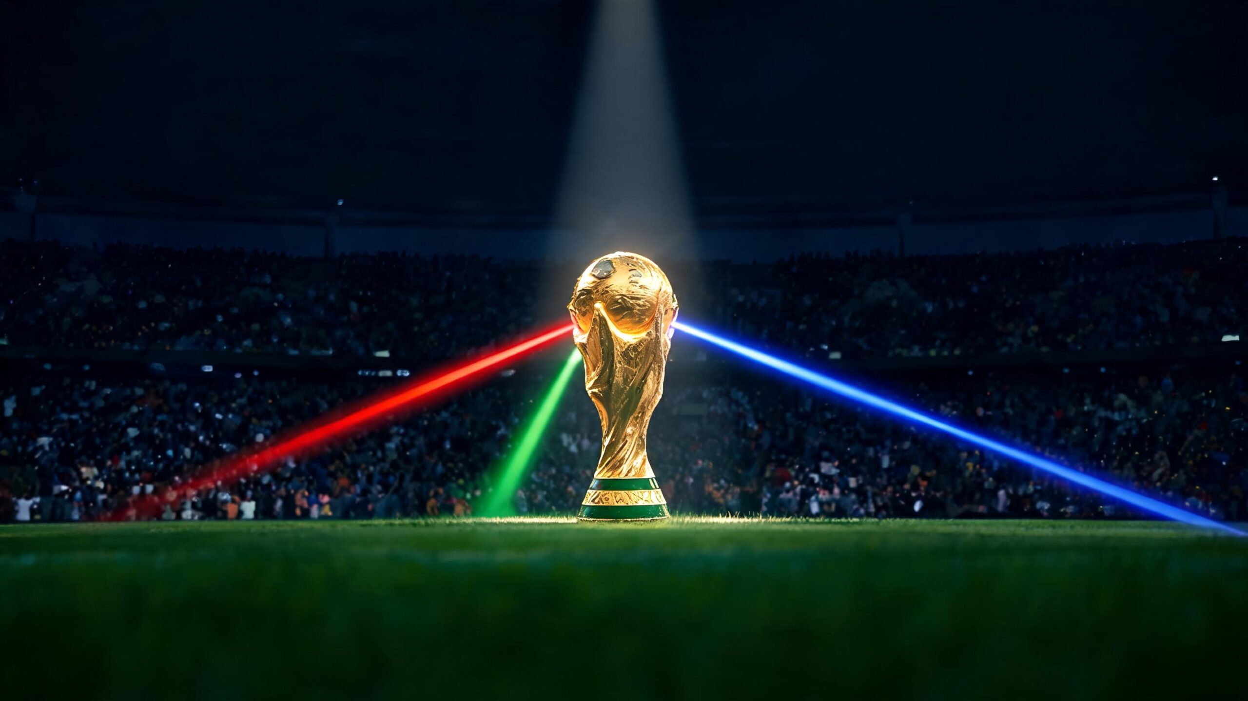 Золотой кубок чемпионата мира по футболу 2026 на фоне стадиона — фавориты ЧМ-2026